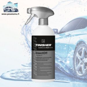 Car cleaning spray bottle labeled InsectOff by Finisher in front of a splashy car wash scene with a blue car in the background and a logo in the top-left corner.